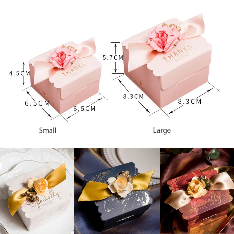 Scatola porta caramelle con fiori, quadrata, rosa, nastro, sacchetto di carta, 5 pezzi.