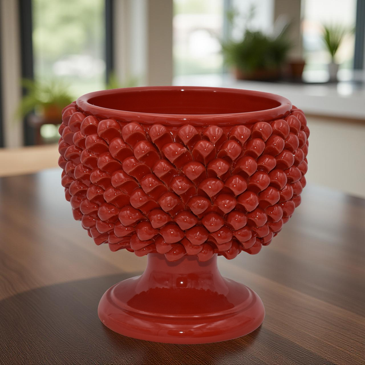Vaso mezza pigna rosso fuoco in ceramica di Caltagirone