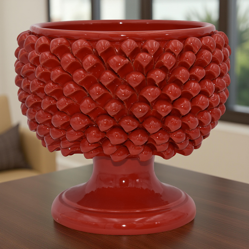Vaso mezza pigna rosso fuoco in ceramica di Caltagirone