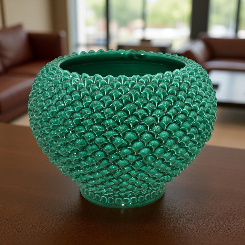Cachepot a pigna Verde Smeraldo in ceramica artigianale di Caltagirone