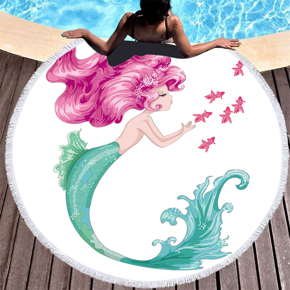 Asciugamano da spiaggia in microfibra con motivo a sirena rosa cartoon rotondo