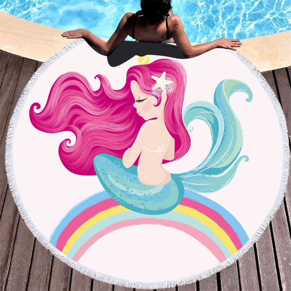 Asciugamano da spiaggia in microfibra con motivo a sirena rosa cartoon rotondo