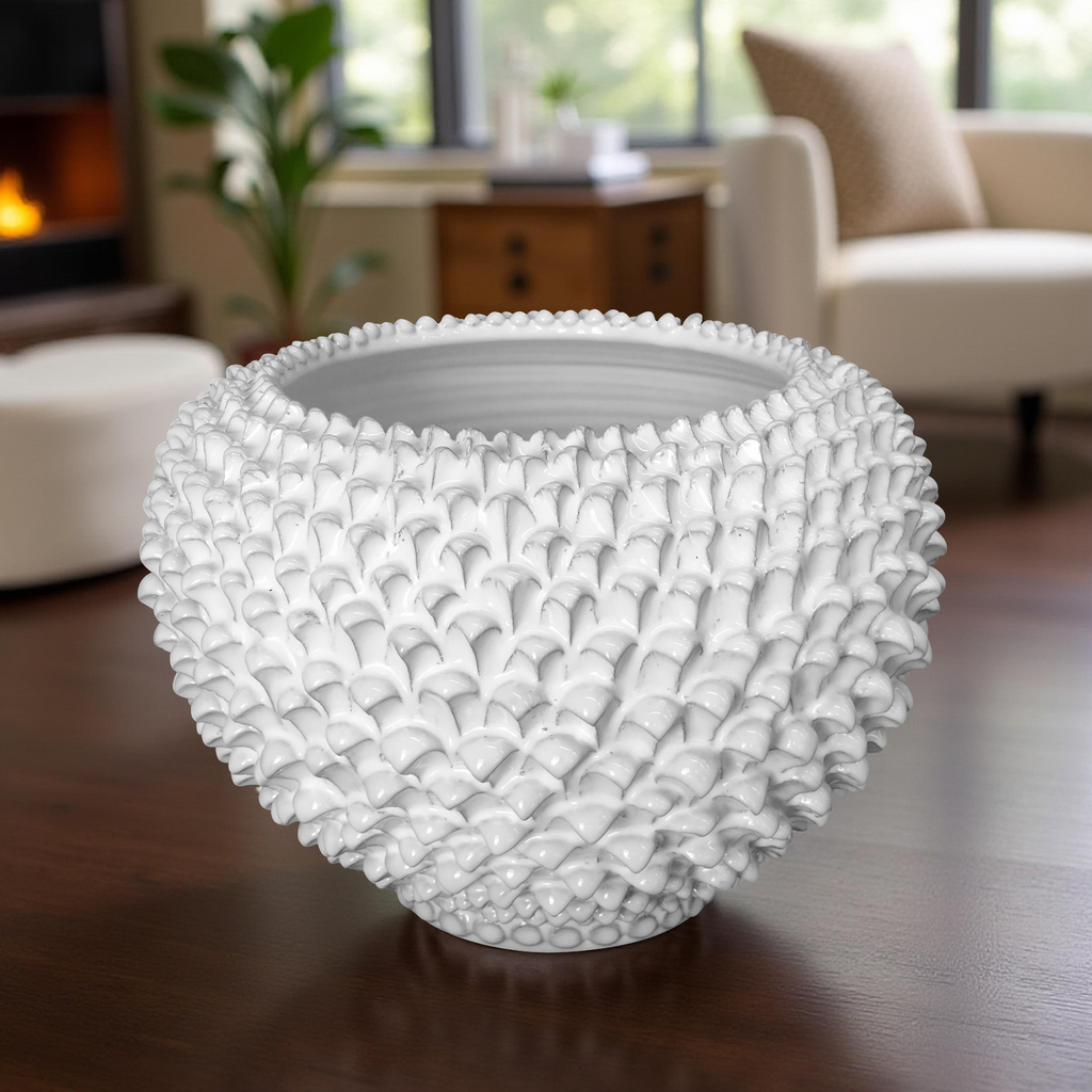 Cachepot a pigna linea bianca in ceramica artigianale di Caltagirone