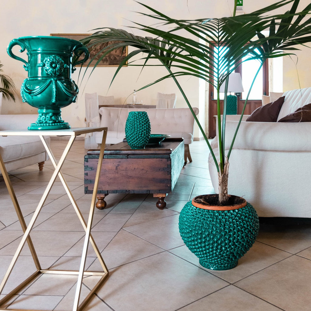 Cachepot a pigna Verde Smeraldo in ceramica artigianale di Caltagirone