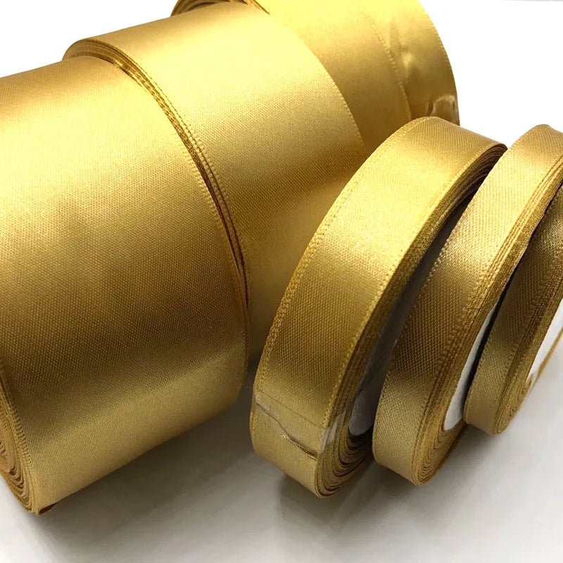 Gold Silk Satin Ribbon 25 Yards 6mm-50mm Gift Wrapping Fabric Ribbon.