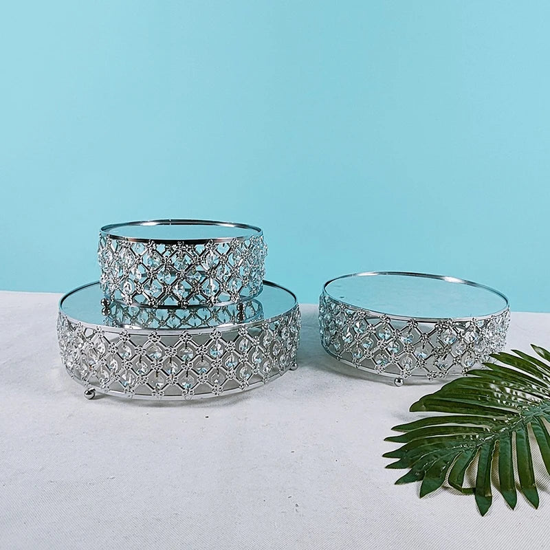 Alzata per torta in metallo con specchio di cristallo dorato, piatto rotondo