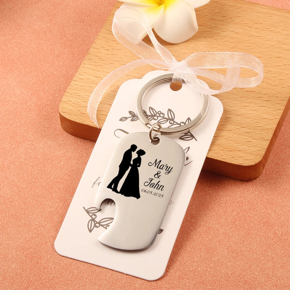 Apribottiglie con incisione laser personalizzata, portachiavi in ​​acciaio inossidabile dorato.