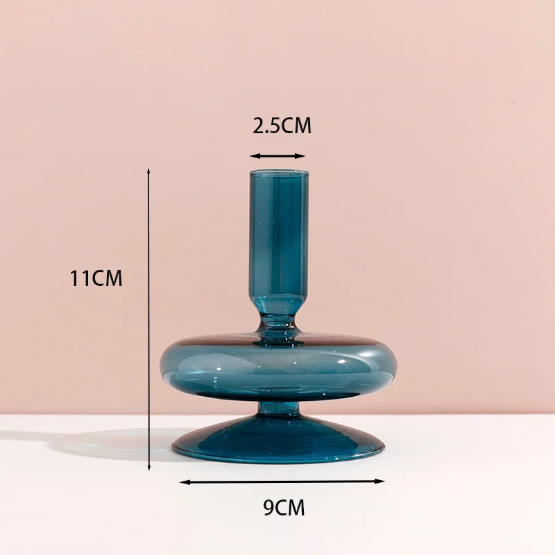 Portacandele in vetro blu navy con motivo a strisce floreali