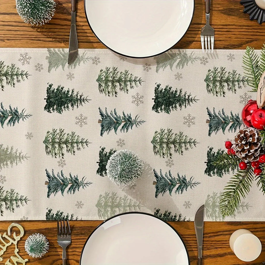 Camino de mesa festivo navideño rectangular con diseño de árboles y copos de nieve.