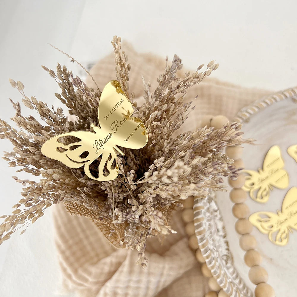 Etichette a specchio in acrilico, etichette personalizzate con bomboniere a forma di farfalla.