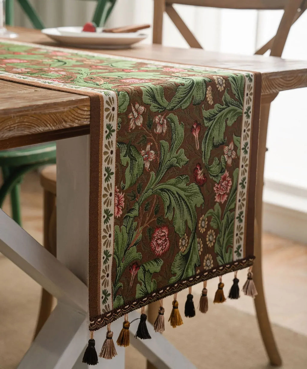 Runner da tavolo con nappe in jacquard per soggiorno, motivo: piante e fiori