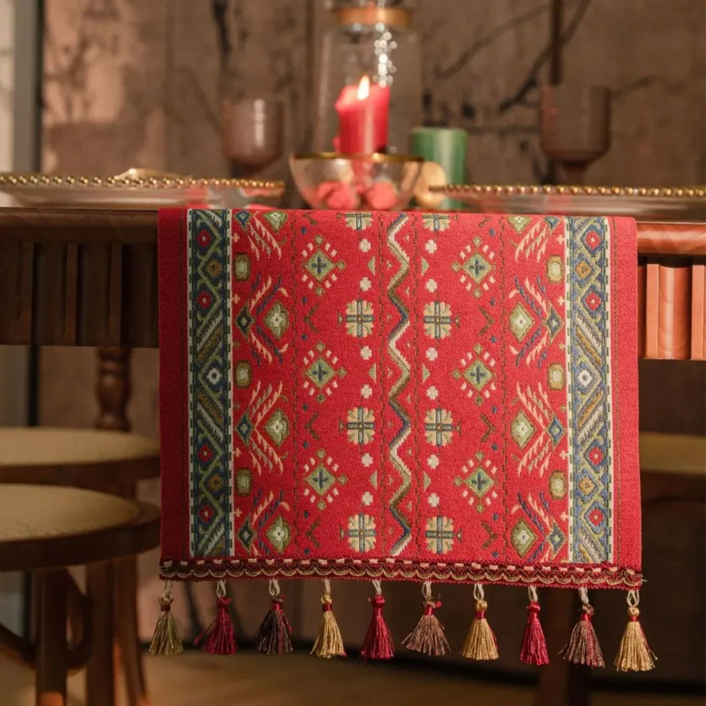 Runner da tavolo con nappe in jacquard per soggiorno, motivo: piante e fiori