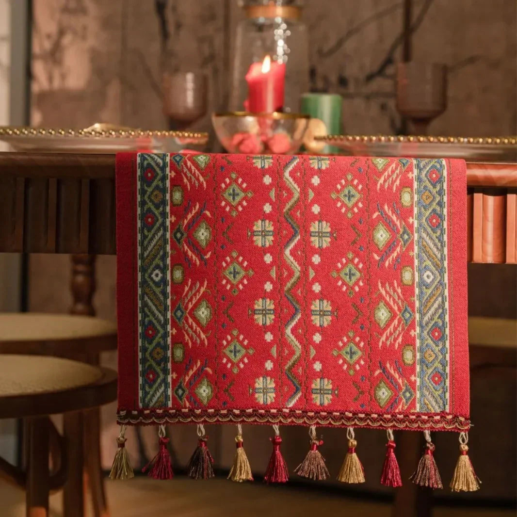 Runner da tavolo con nappe in jacquard per soggiorno, motivo: piante e fiori