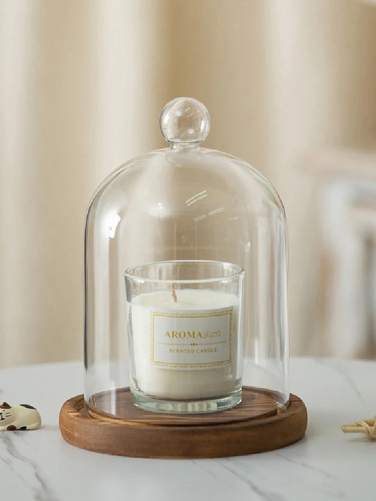 Portacandele in vetro con base in legno per aromaterapia