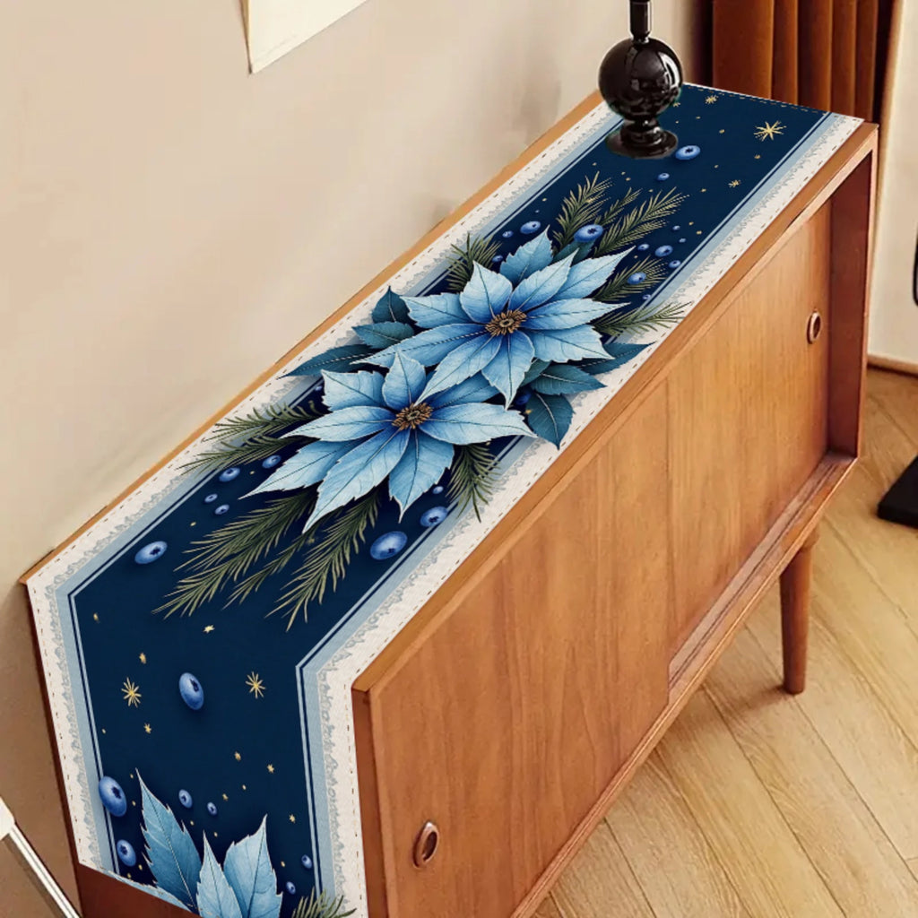 Runner da tavola natalizio, elegante decorazione da pranzo per le feste in blu navy con stella di Natale blu.