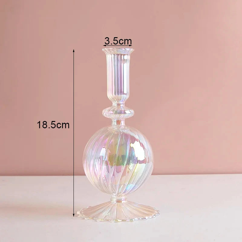 Portacandele in vetro blu navy con motivo a strisce floreali