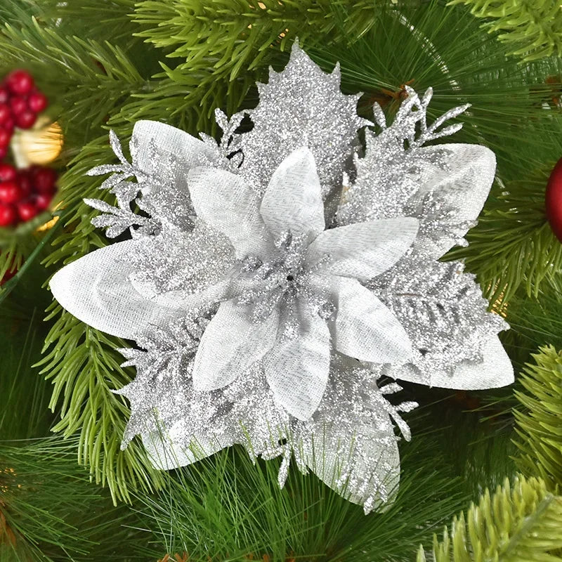 Fiori artificiali glitterati natalizi, decorazioni floreali in seta per l'albero di Natale