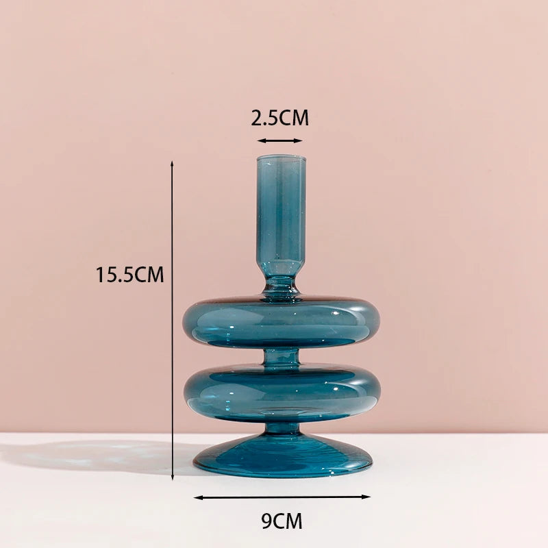 Portacandele in vetro blu navy con motivo a strisce floreali