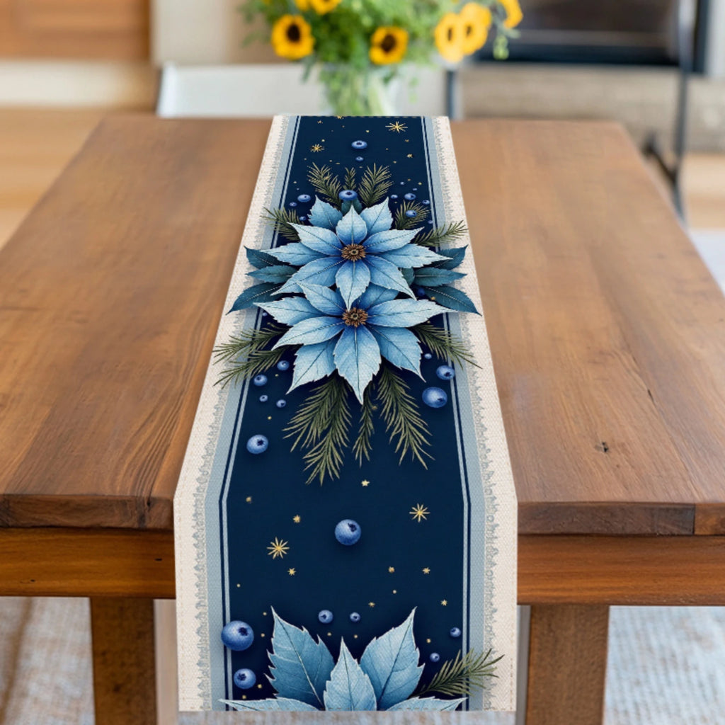Runner da tavola natalizio, elegante decorazione da pranzo per le feste in blu navy con stella di Natale blu.