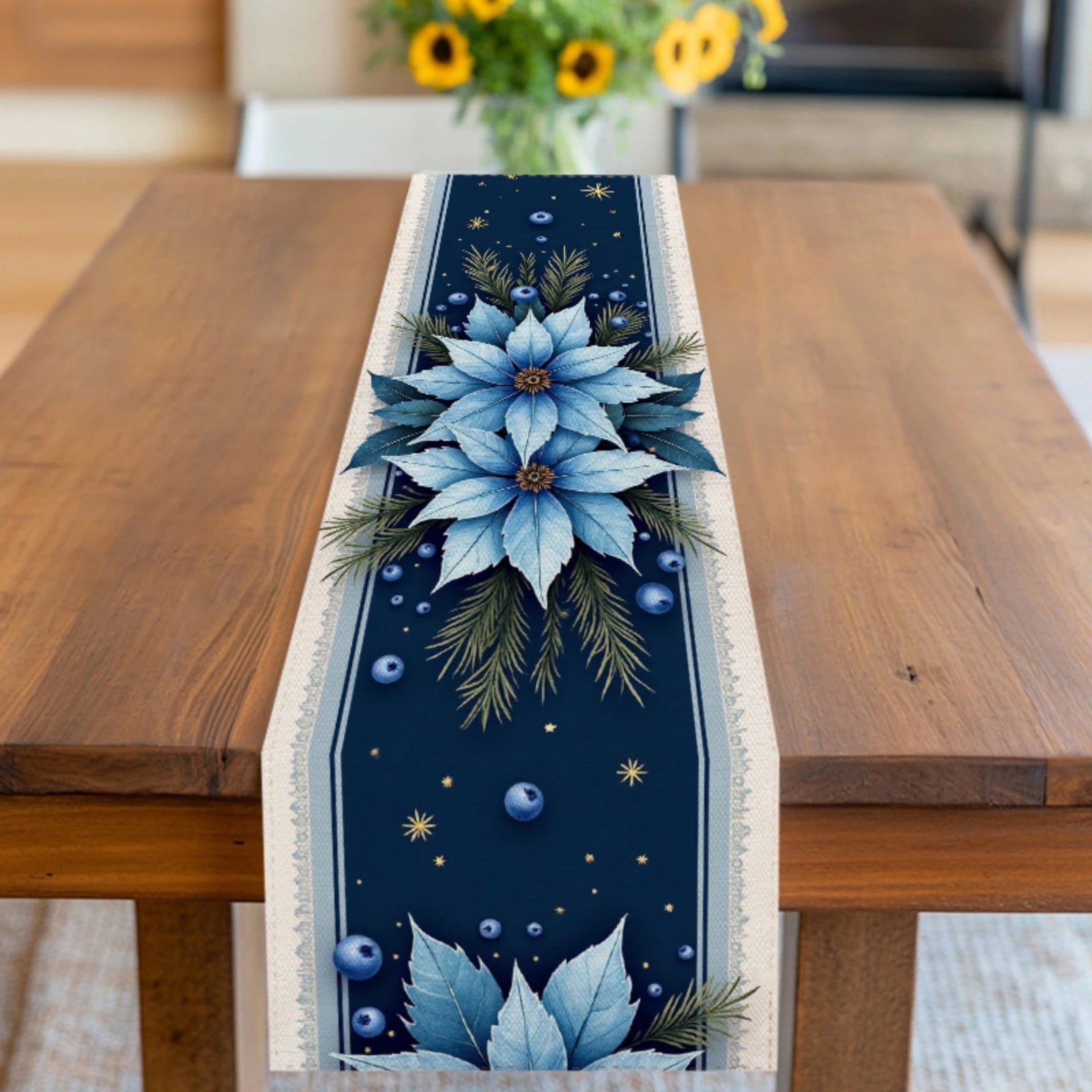 Runner da tavola natalizio, elegante decorazione da pranzo per le feste in blu navy con stella di Natale blu.