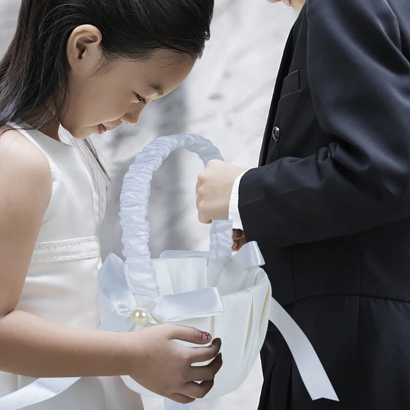 Cesto portafiori bianco per bambine, in seta, per cerimonia nuziale, 20 cm.