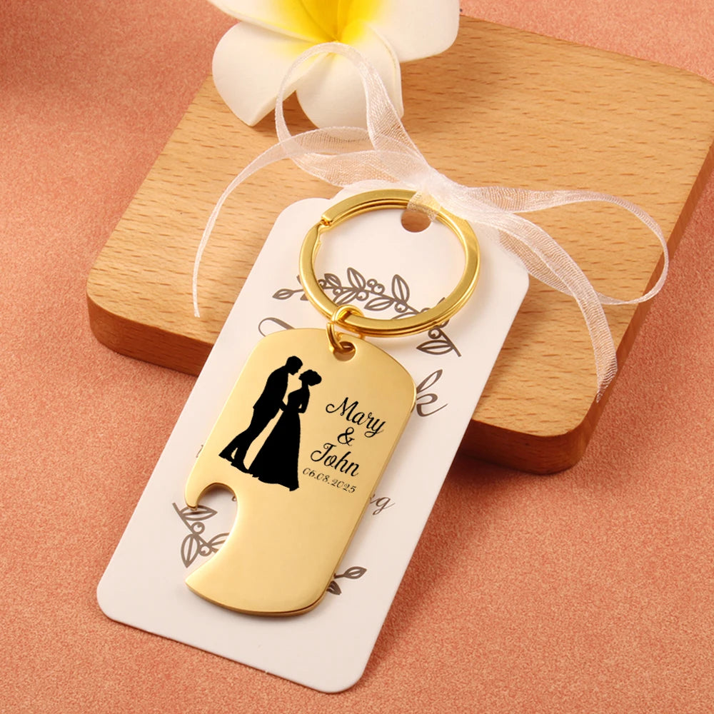 Apribottiglie con incisione laser personalizzata, portachiavi in ​​acciaio inossidabile dorato.