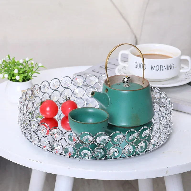 Vassoio rotondo in cristallo con specchio, vassoio da portata di lusso