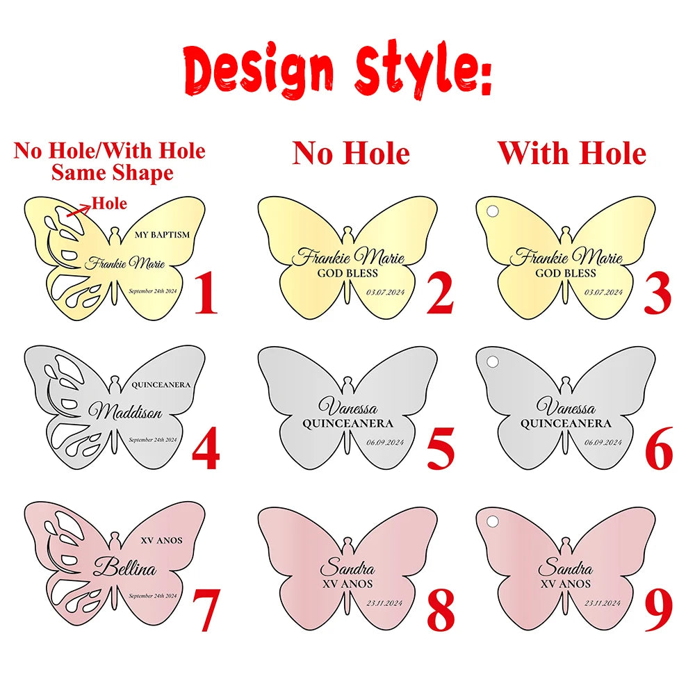 Etichette a specchio in acrilico, etichette personalizzate con bomboniere a forma di farfalla.