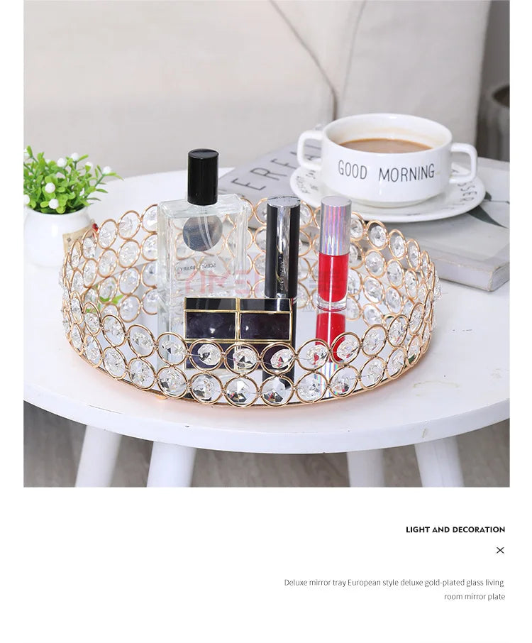 Vassoio rotondo in cristallo con specchio, vassoio da portata di lusso