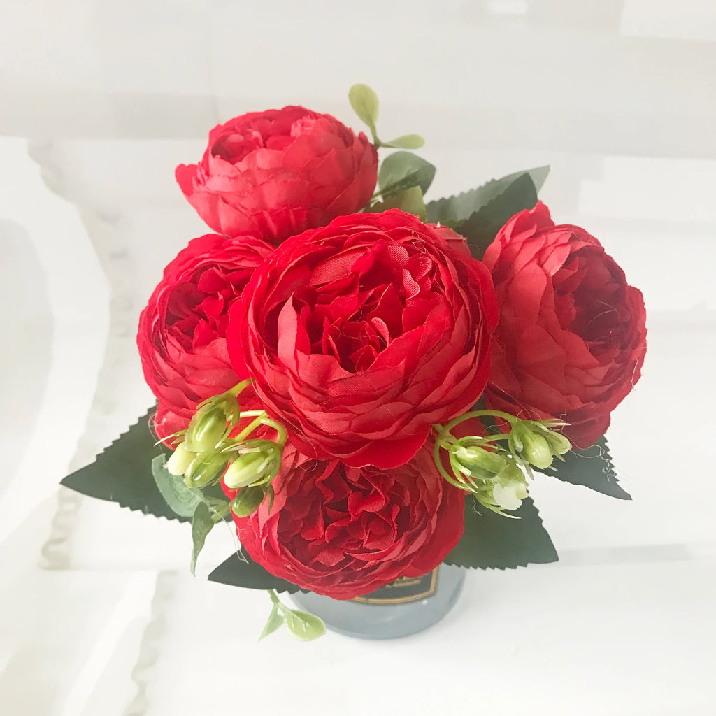 Bouquet di fiori artificiali di peonia di seta, 5 teste grandi, 30 cm, rosa