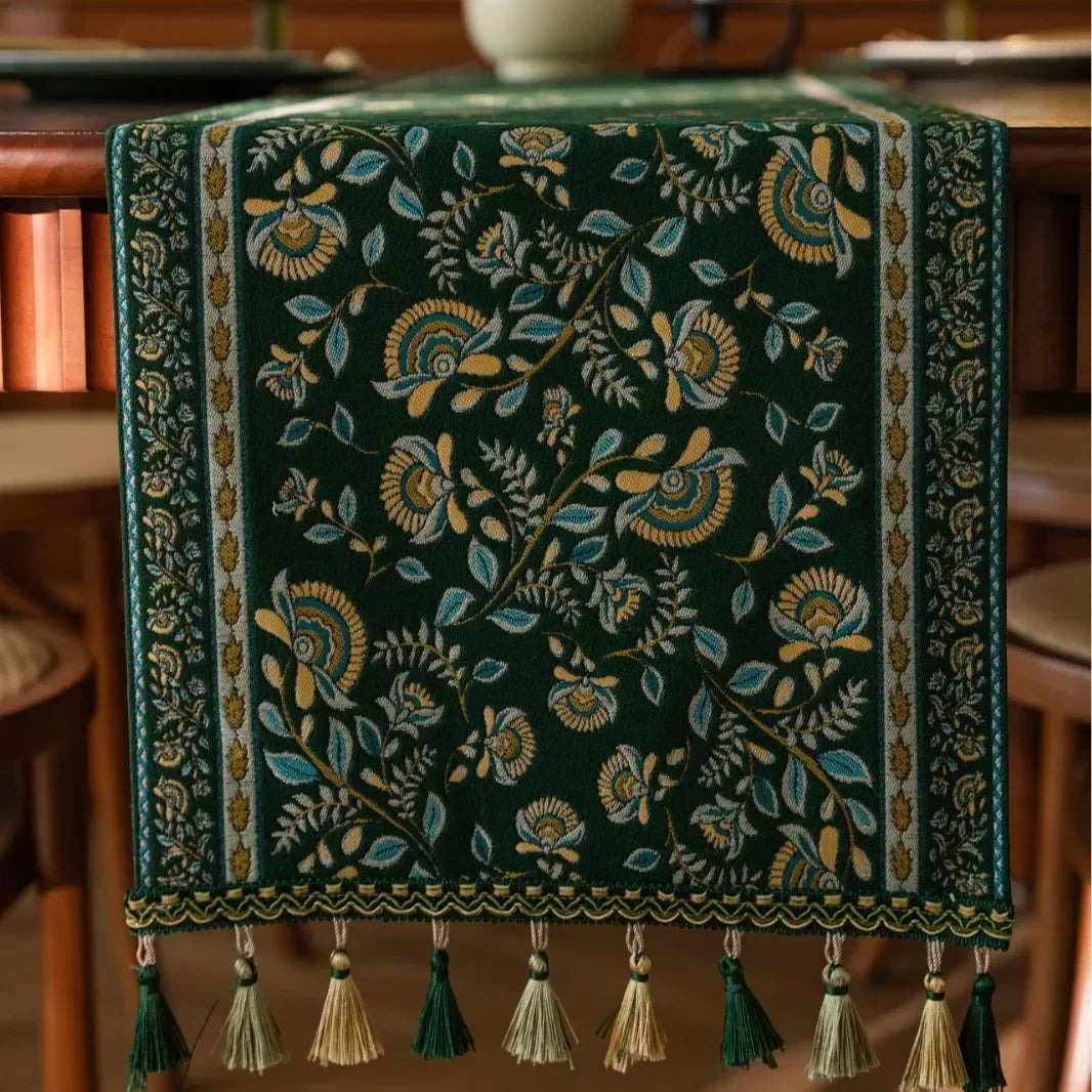 Runner da tavolo con nappe in jacquard per soggiorno, motivo: piante e fiori