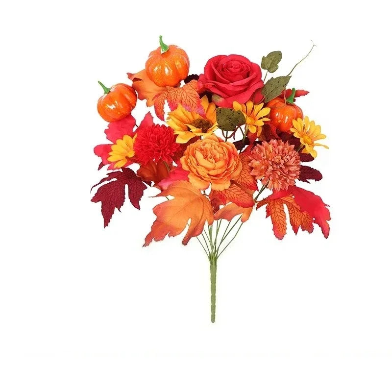 Bouquet di arance natalizie con girasoli artificiali e foglie d'acero