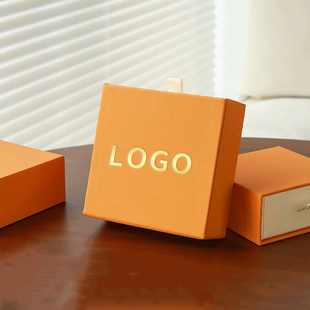 Scatola regalo con cassetto portagioie arancione e beige con logo personalizzato, 24/50/100 pezzi