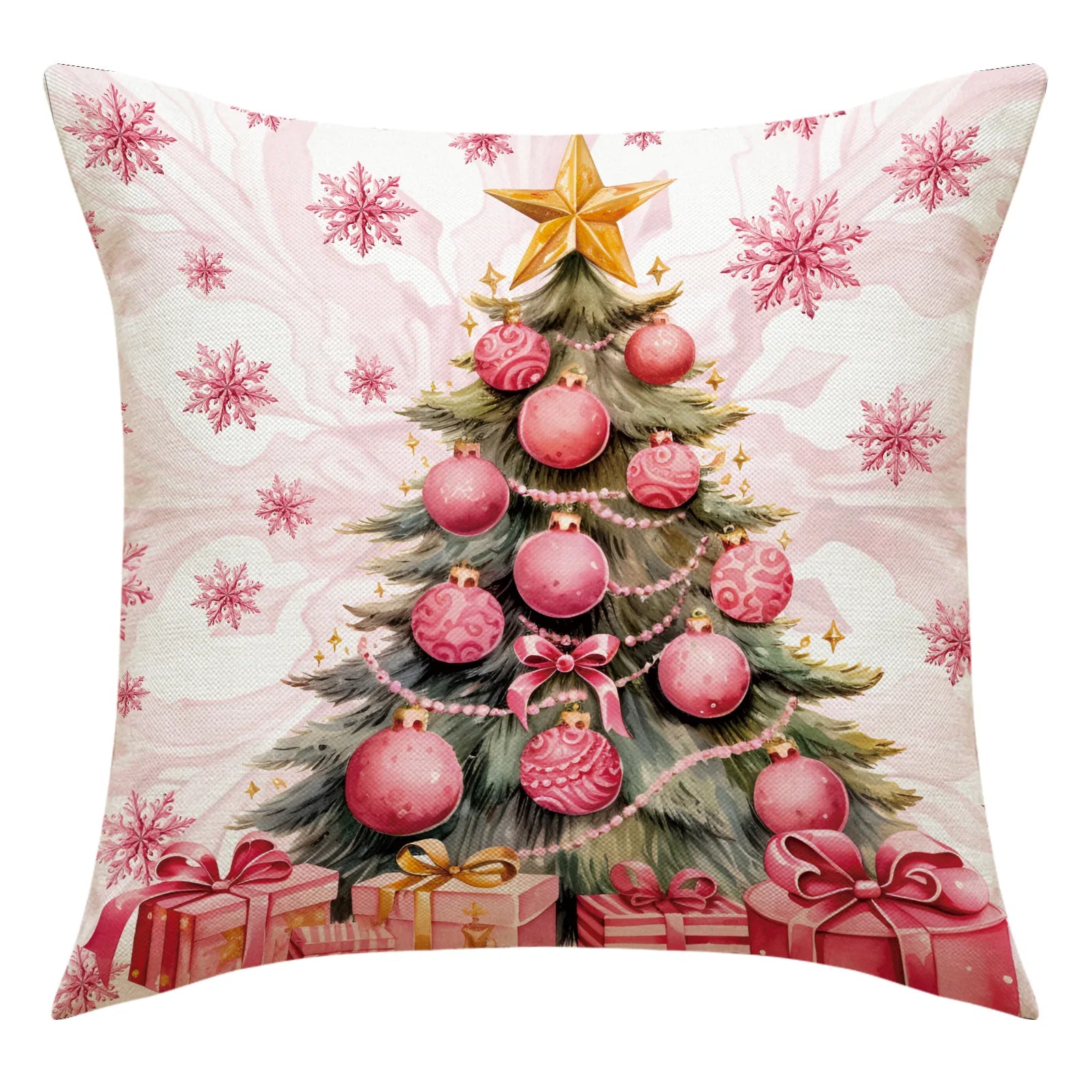 Federa natalizia rosa 45x45cm Babbo Natale, pupazzo di neve, albero di Natale.