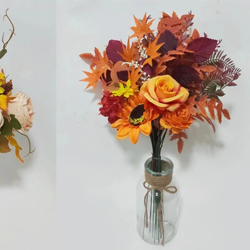 Bouquet di arance natalizie con girasoli artificiali e foglie d'acero