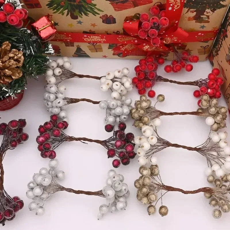 Mini bacche di agrifoglio artificiali natalizie glassate a doppia testa