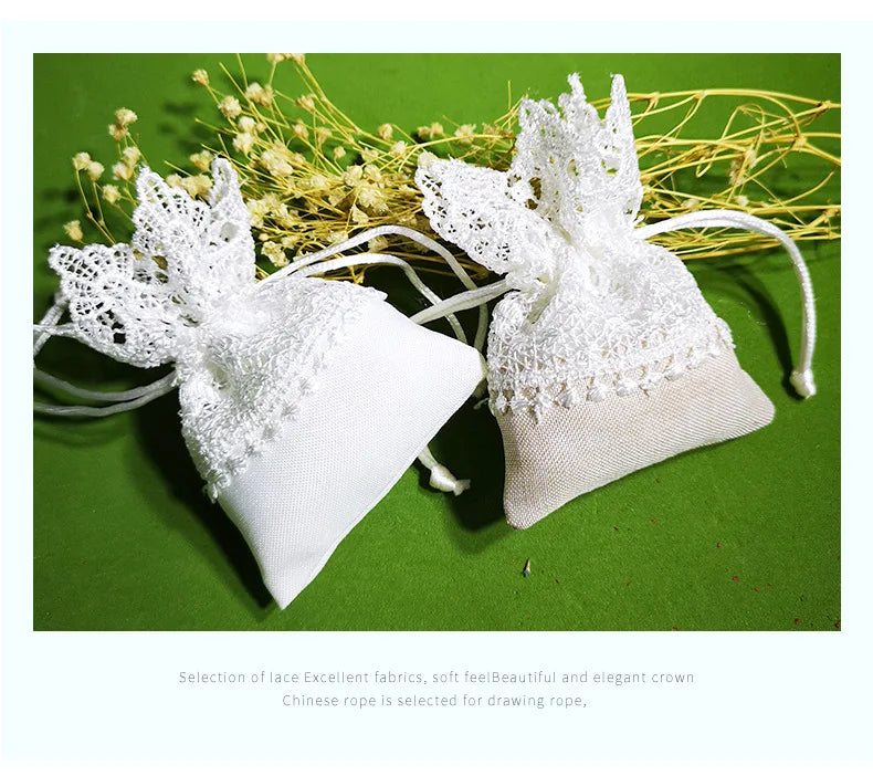 Sacchetto regalo per caramelle con ricami in pizzo bianco e coulisse, 10 pezzi.