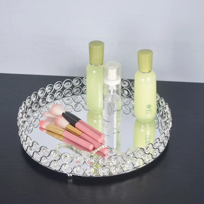 Vassoio rotondo in cristallo con specchio, vassoio da portata di lusso