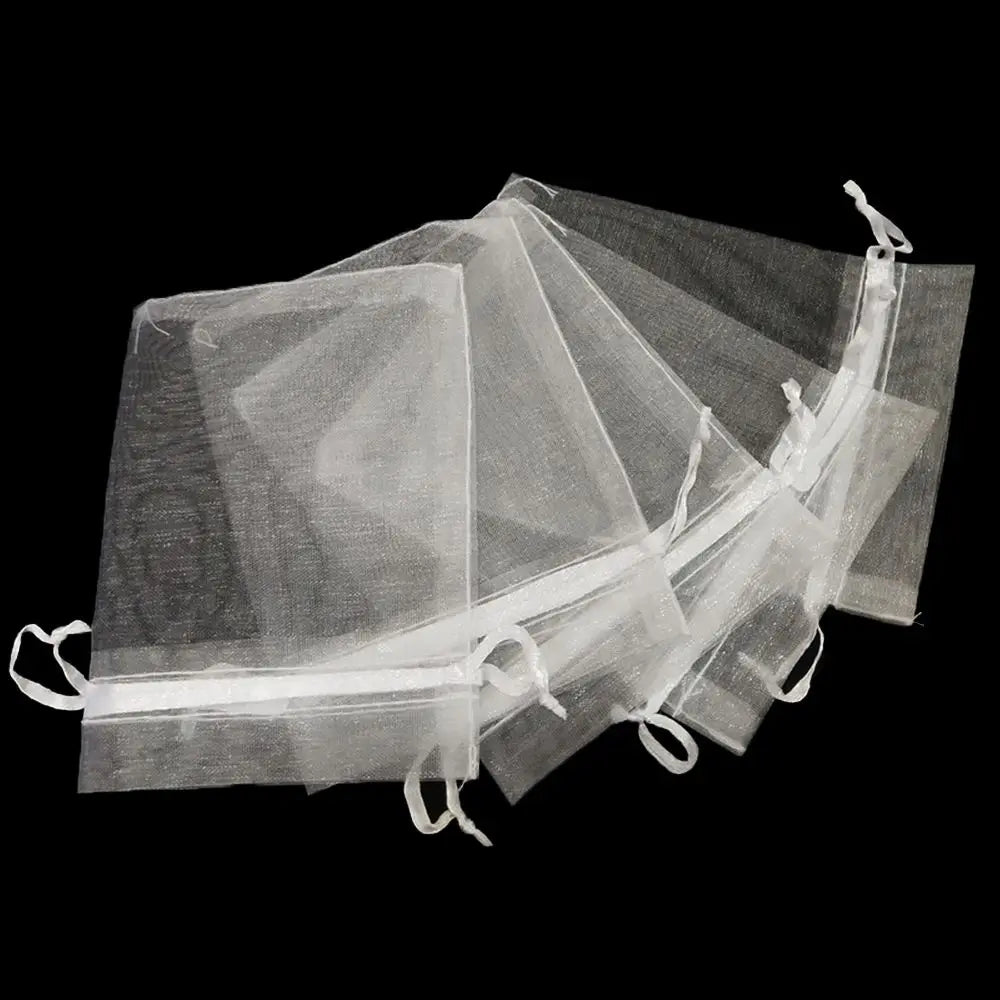 Sacchetti bianchi con coulisse, tasca in organza e garza, 25/50 pezzi, sacchetti regalo