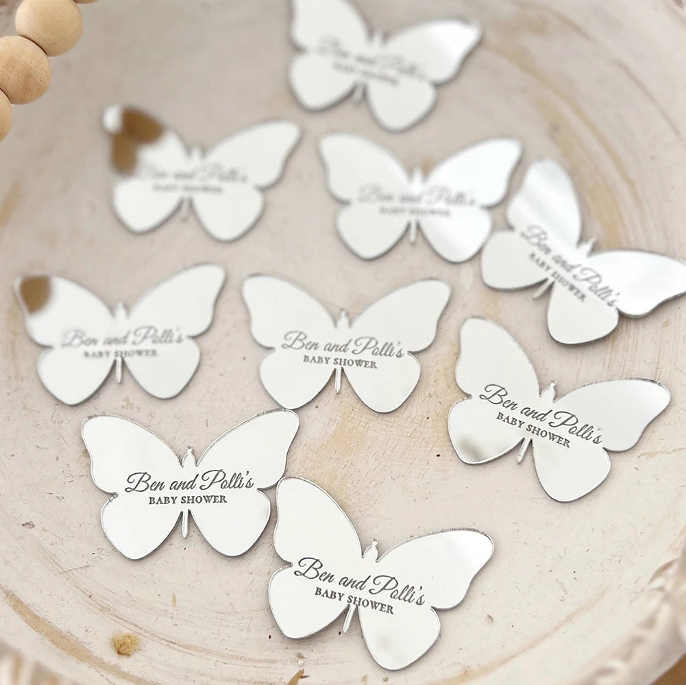 Etichette a specchio in acrilico, etichette personalizzate con bomboniere a forma di farfalla.