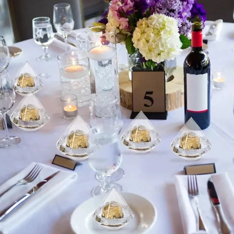 Scatole di caramelle a forma di diamante, trasparenti, per bomboniere di nozze, contenitore da 12 pezzi.