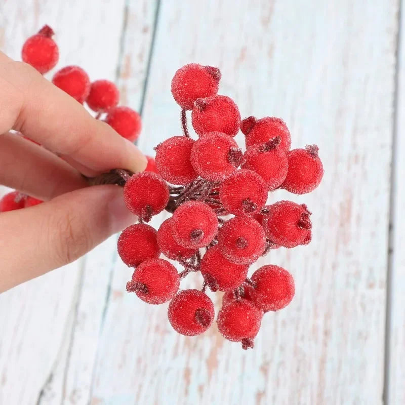 Mini bacche di agrifoglio artificiali natalizie glassate a doppia testa