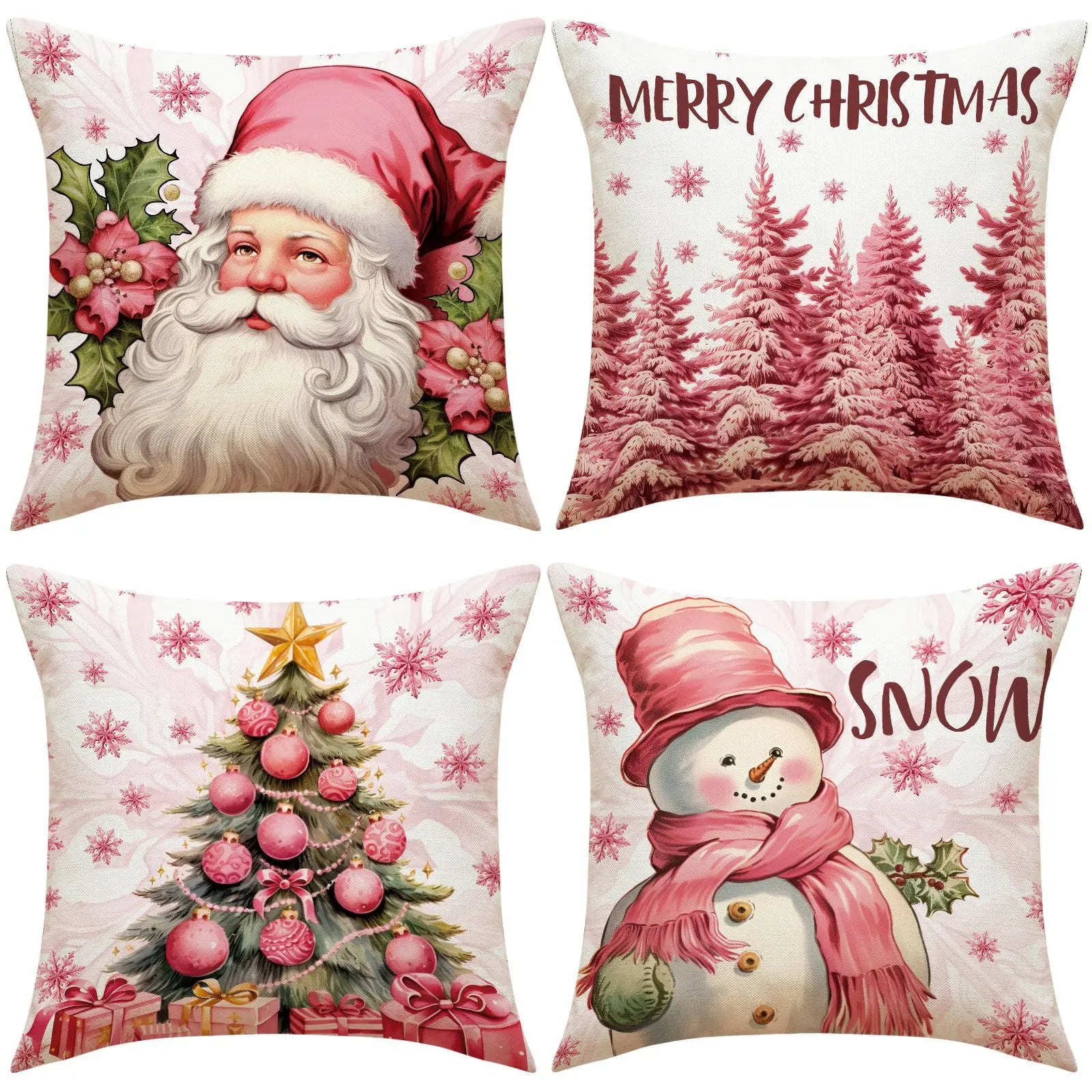 Federa natalizia rosa 45x45cm Babbo Natale, pupazzo di neve, albero di Natale.
