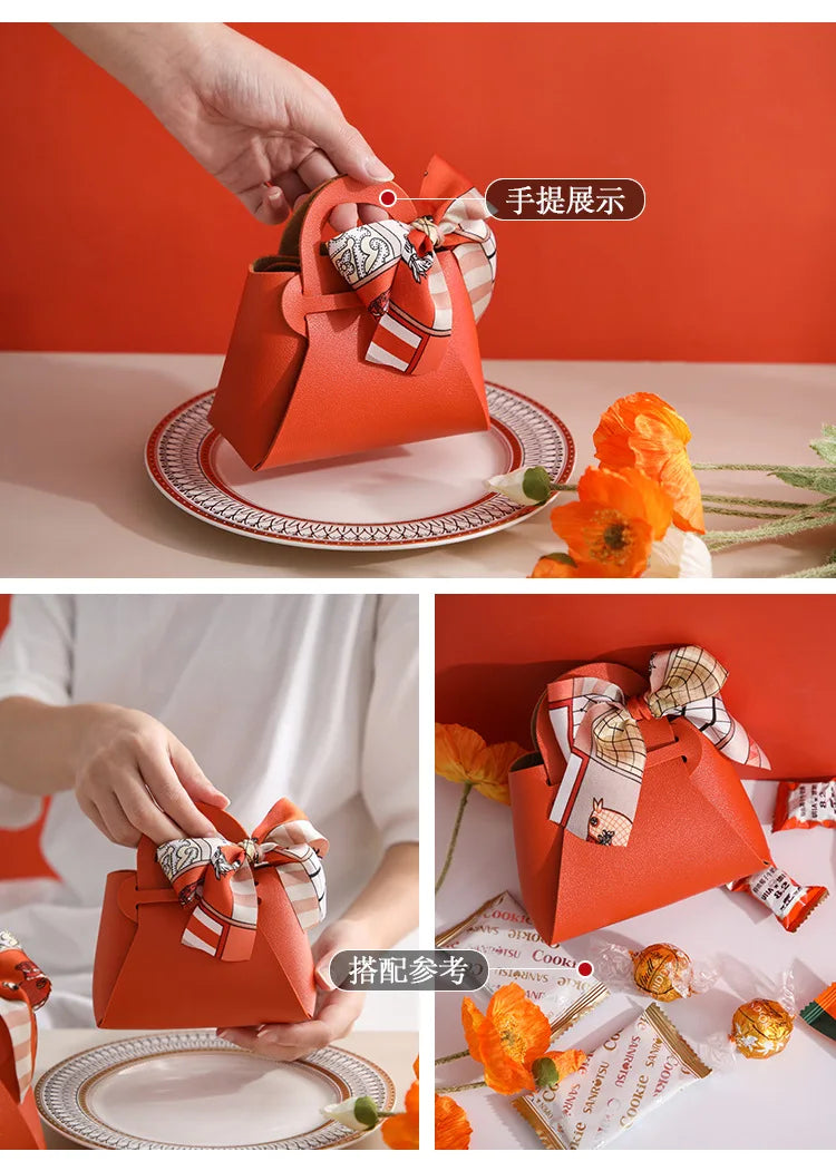 Grande sacchetto portaconfetti in pelle con sciarpa per festa di nozze, confezione regalo da 10 pezzi.