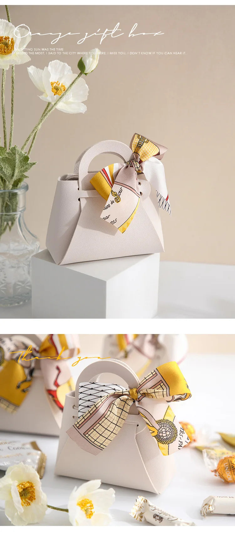 Grande sacchetto portaconfetti in pelle con sciarpa per festa di nozze, confezione regalo da 10 pezzi.