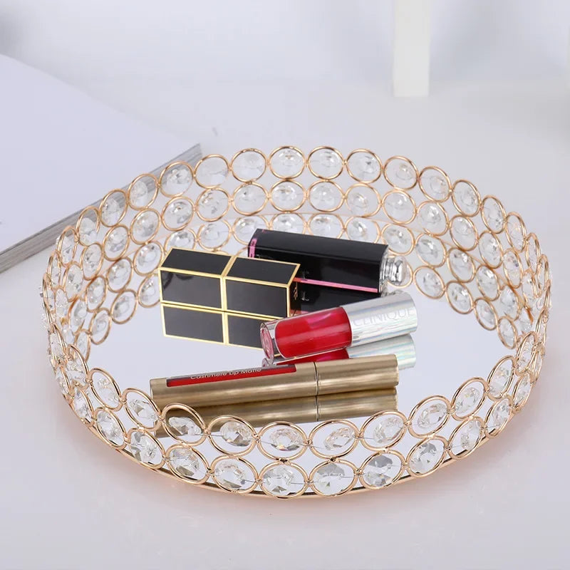 Vassoio rotondo in cristallo con specchio, vassoio da portata di lusso