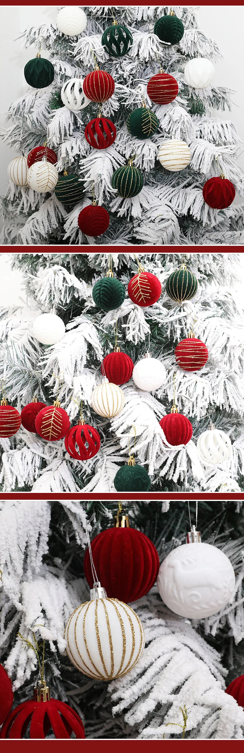 Decorazioni natalizie con palline rosso vino e albero di Natale bianco e verde scuro.