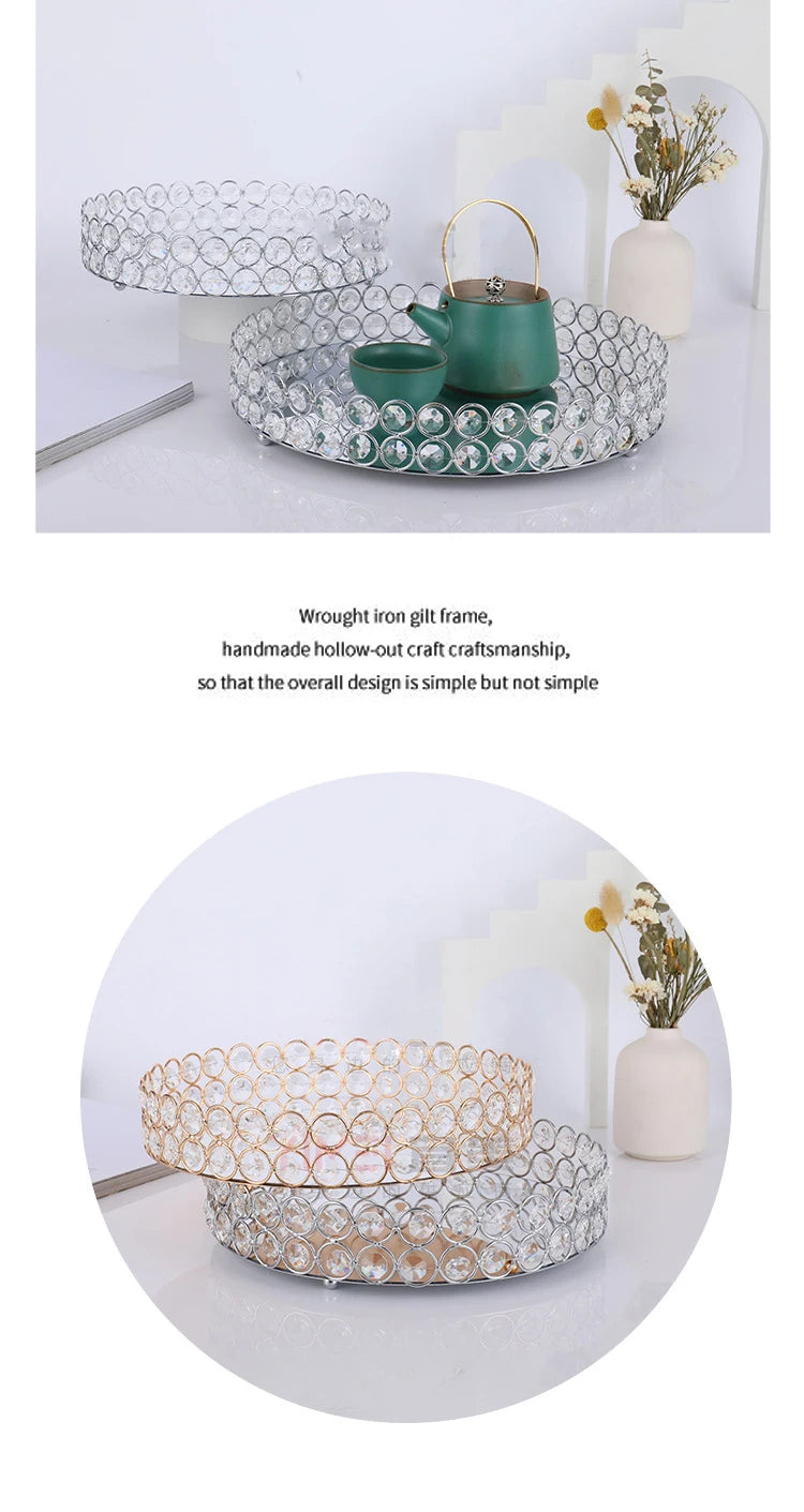 Vassoio rotondo in cristallo con specchio, vassoio da portata di lusso