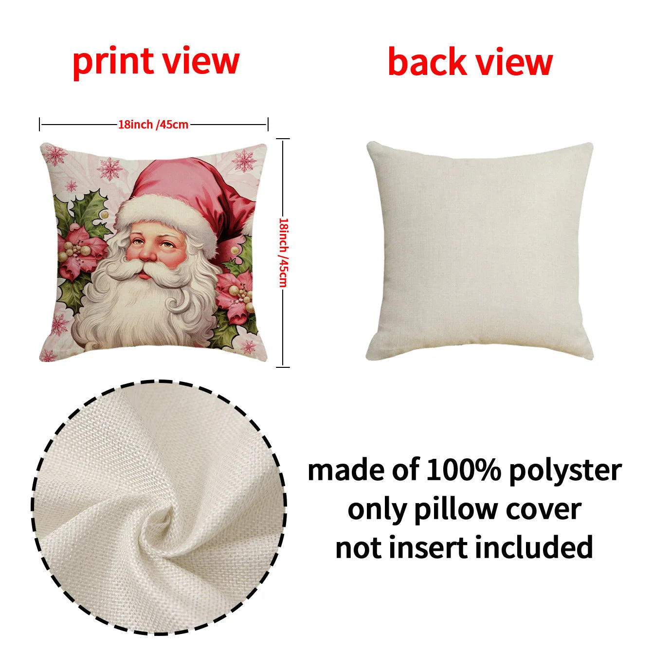 Federa natalizia rosa 45x45cm Babbo Natale, pupazzo di neve, albero di Natale.