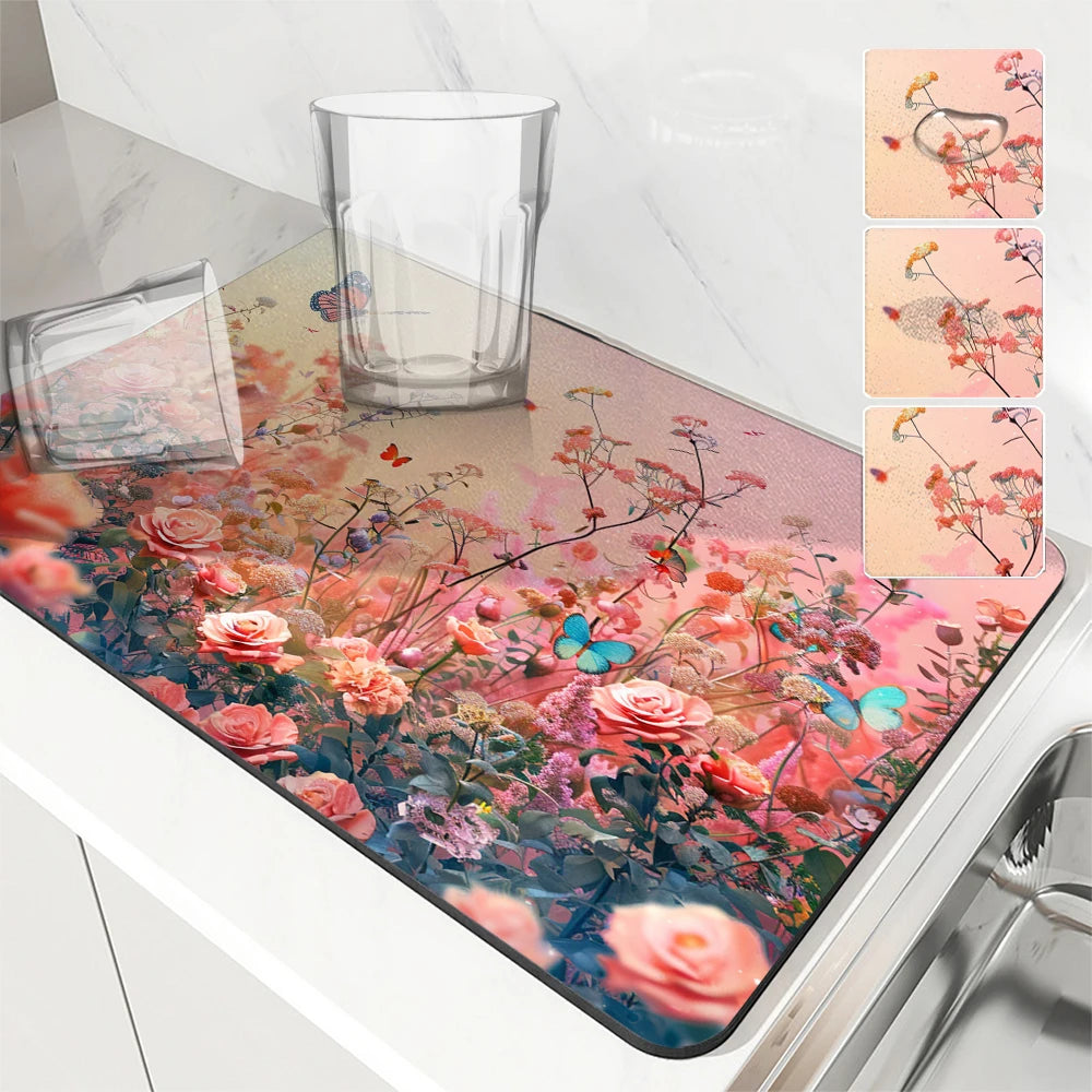 Tappetino assorbente da cucina grande con fiori e rose